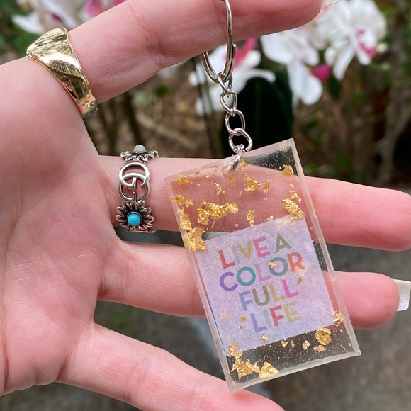 " Live A Color Full Life " & Gold Flakes Keychain Bag Charm Resin Art - Picture 6 of 8